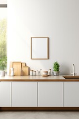 Modern kitchen design with wooden accents and a white blank countertop frame mockup