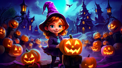 Little girl in witches costume standing in front of pumpkin patch.