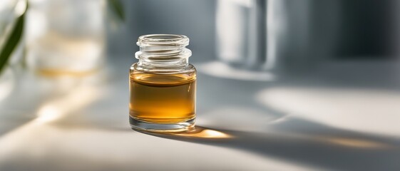 A glass jar filled with brown medicinal liquid, on a warm gray background