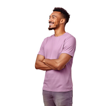 Studio portrait of a young African American man in his 20s wearing a casual orange t shirt smiling and looking sideways with his hands crossed against a pastel transparent background