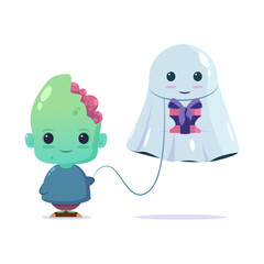 zombie and ghost with gift, vector illustration