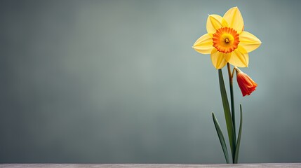 A lone daffodil against a muted backdrop, emphasizing its bright yellow hue. Minimalist floral card with copy space. - obrazy, fototapety, plakaty