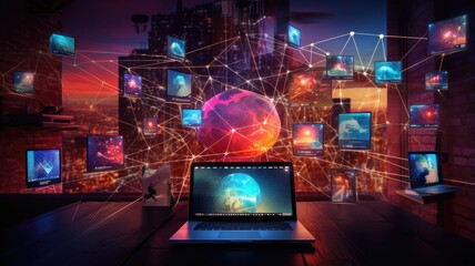 social networking services, streaming videos. The image signifies the intersection of digital content, community, and innovation.