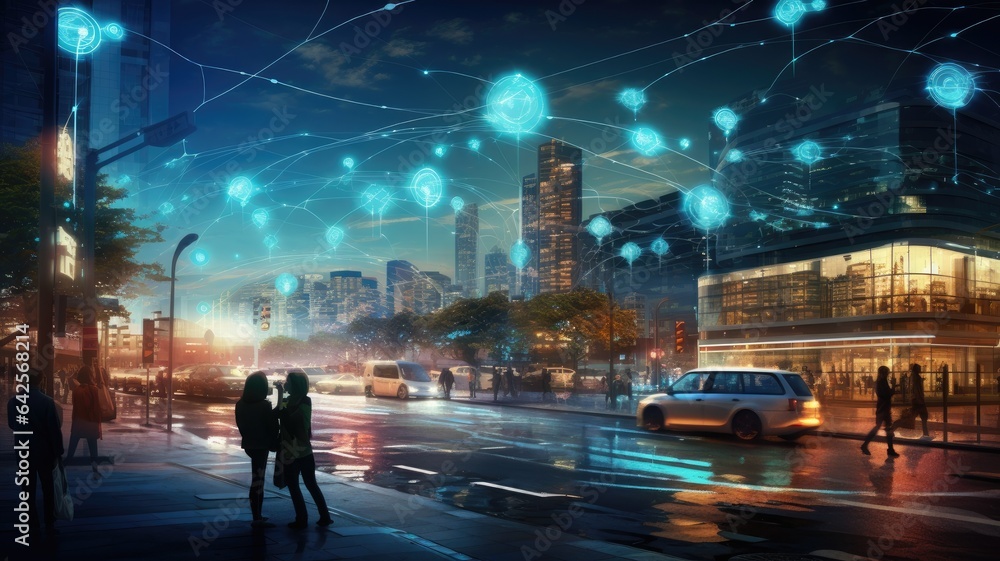 Poster a smart city, where intelligent communication networks interconnect through a web of wireless techno