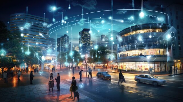 a smart city, where intelligent communication networks interconnect through a web of wireless technologies. The scene reflects the synergy between urban life and cutting-edge connectivity.