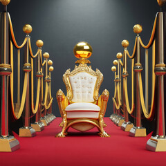 3D render of king throne and golden globe on a pedestal between barriere and red carpet	
