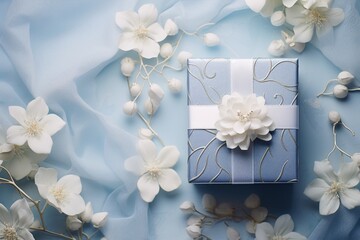 Gift box with flowers on light blue background. Minimalistic greeting card for birthday, wedding, Mother's or Valentine Day. Holiday banner. Flat lay, top view with copy space