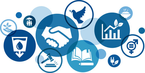 Sustainable development vector illustration. Blue concept with icons on global development, sustainability, ecology & economy, social equality, justice & education, industry growth & development.