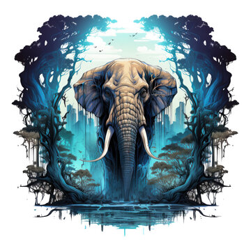 The Mammoth T-shirt Design presents a glimpse of a parallel universe where mammoths inhabit a bioluminescent forest, Generative Ai