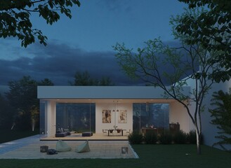 3d render of small minimalist house night view