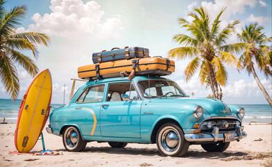 Retro car with surfboard and suitcases on a beach with palms. Summer concept for banner ((copy space)) - obrazy, fototapety, plakaty