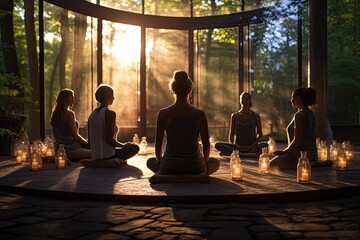 Diverse group of women practicing meditation and mindfulness inside a room full of window walls in the forest - obrazy, fototapety, plakaty