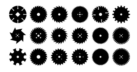Circular saw blade. Silhouette of metal disc for woodwork. Round carpentry tool icons. Industrial rotary wheels.Vector