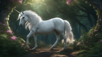 white horse unicorn runs gallop in the forest - obrazy, fototapety, plakaty