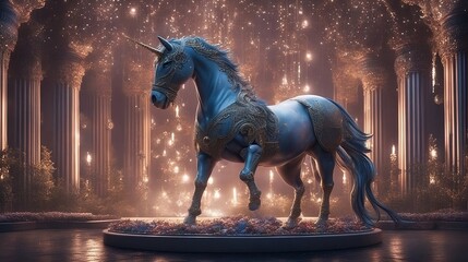silver blue horse on the forest background, unicorn on a pedestal 
