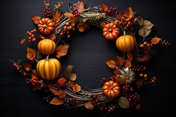 Door wreath of branches, decorated with berries, orange leaves and pumpkin isolated on dark background. Autumn harvest, fall. Thanksgiving or Halloween holiday concept