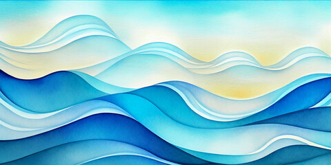 Ocean sunny water waves cartoon illustration, blue and yellow background, wavy texture for kids copy space text. Happy teal sun and sea wave, summer sky clouds abstract watercolor painting effect