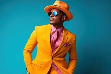 cool dude wearing yellow suit shades and pink shirt on green background - obrazy, fototapety, plakaty