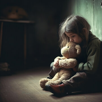 sad little girl hugging a soft toy