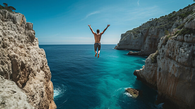 Cliff Jumping: A daring individual captured mid - leap off a towering cliff into turquoise ocean below, high adrenaline, natural sunlight