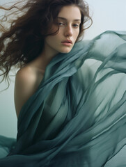 Naklejka premium Portrait of woman, gentle waves of muted blues and greens, blending into each other, representing calmness