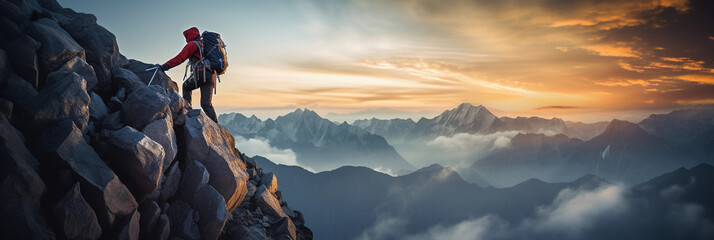 Mountain climber reaching the peak, immense sense of achievement, misty mountains, chiaroscuro lighting