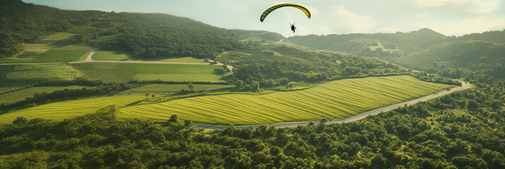 Paraglider soaring over lush green landscape, serenity meets thrill, birds - eye view, soft ambient lighting enhancing textures - Powered by Adobe