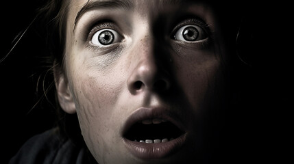 Shock and awe: Close - up of a person's face reacting to surprising news, eyes wide open, mouth agape, high contrast lighting to emphasize the expression