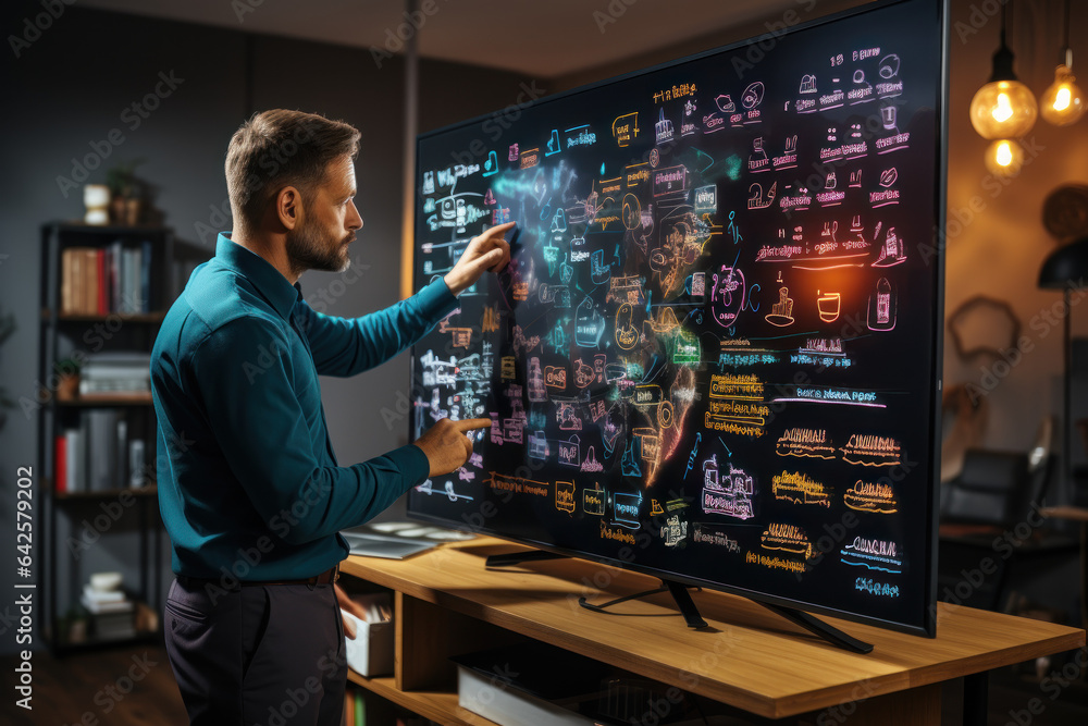 Poster a teacher uses a virtual whiteboard to explain complex concepts, making online lessons engaging and 