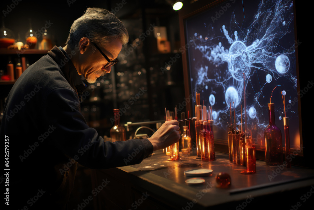 Poster a teacher leads a virtual science experiment, demonstrating practical concepts through video demonst