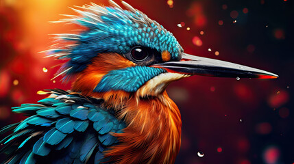 close up of a kingfisher bird against red shiny background