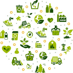 Waste management vector illustration. Green concept with icons related to recycling industry, reusing resources, trash / rubbish / junk / waste collection, sorting, processing & disposal.