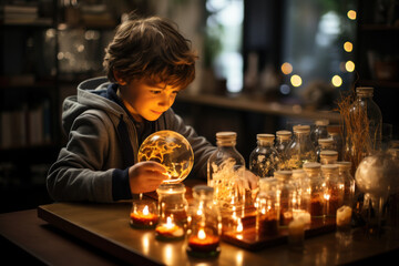 A child conducts a science experiment in their home laboratory, showcasing the ability to tailor education to individual interests. Generative AI.