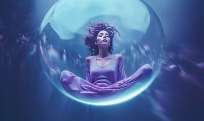 An AI-generated image of a 3d-rendered woman gracefully meditates within the delicate bubble, that shields her from the outer world. Symbolizing her focused and detached state of mind. - obrazy, fototapety, plakaty