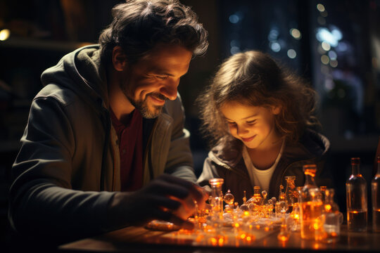 A Parent And Child Conduct A Chemistry Experiment In Their Home Laboratory, Emphasizing Hands-on Science Learning In Homeschooling. Generative AI.