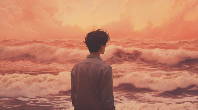 AI-generated metaphor of a man contemplating the sun on the beach. Being under the cloud of his thought and trying to find himself on a shifting sand of experience. Reflection on pursuit of happiness.