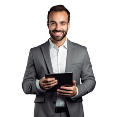 Successful businessman using tablet pc touchpad and ipad in studio portrait isolated over transparent background Text area available for copy space App and application advertisement