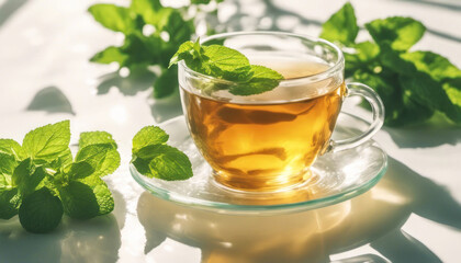 Mint tea with fresh leaves close up