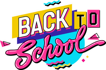 Back to school lettering in bold, vivid 90s style. School, education, learning themed inscription. Isolated vector typography with bright geometric background. Learning support phrase for any purposes