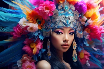 Asian woman face with feather headdress and neon flowers © Jorge Ferreiro