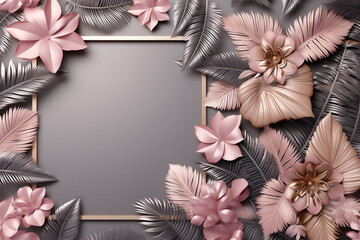 Frame with tropical leaves. Made in soft, pastel colors.