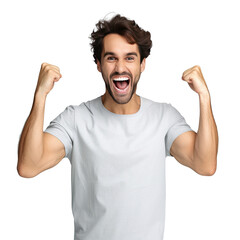 Photo of a man celebrating success with a raised fist and joyful shout set against a transparent background