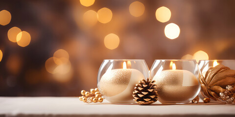 Close up of Christmas decorative composition with fir cones, candles, golden decoration. New year, Xmas background.Winter greeting card. Holidays template.Generative ai