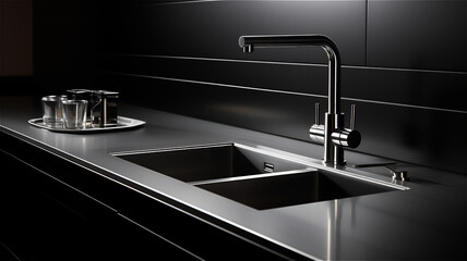 Black stainless steel kitchen sink with chrome faucet in minimalist simple design of kitchen, created with Generative AI Technology.