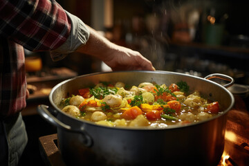 A close-up of a person's hand stirring a pot of homemade vegetable soup, showcasing a comforting and nutritious meal choice. Generative Ai.