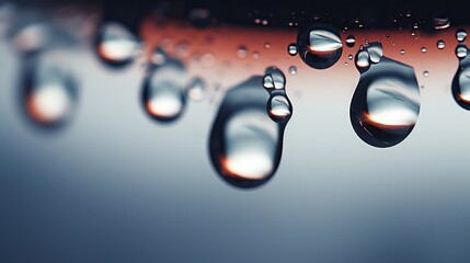 Abstract rain drops macro, magnified inner reflection, clean uncluttered minimalism with clear clarity, steel blue and rustic orange color tinge - generative AI