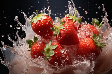 Strawberries with water splashes on black background