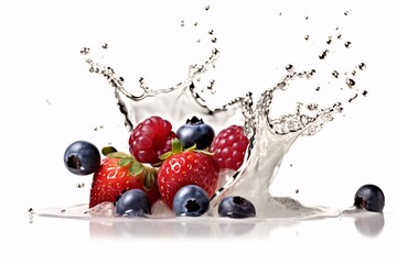 Fresh berries falling into water with splash isolated on white background. Concept of healthy...
