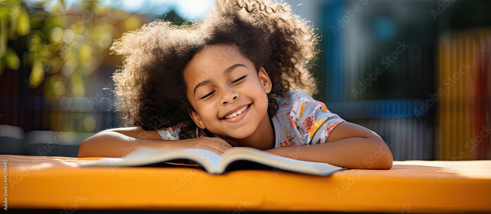 Aufkleber A biracial schoolgirl reading a book in the school playground with copy space representing education childhood inclusivity and learning