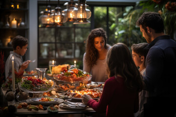 A family gathered around a beautifully set Thanksgiving table, ready to share a festive meal. Generative Ai.